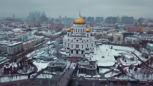 Aerial shot around Russian Orthodox Temple of Christ the Saviour in Moscow in Winter