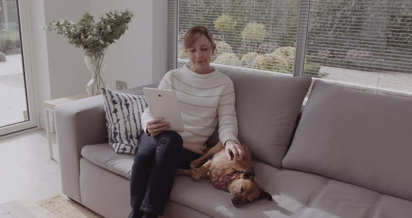 Mature adult female sitting with dog on sofa looking at digital tablet