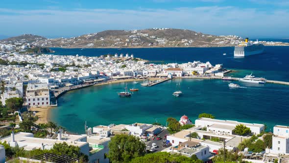 Timelapse of Mykonos Port with Boats, Cyclades Islands, Greece