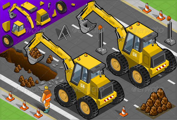 Isometric Yellow Excavator in Rear View - Objects Vectors