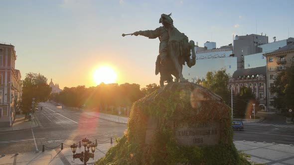 Kyiv, Ukraine: Monument To Bogdan Khmelnitsky in the Morning at Dawn. Aerial View alt