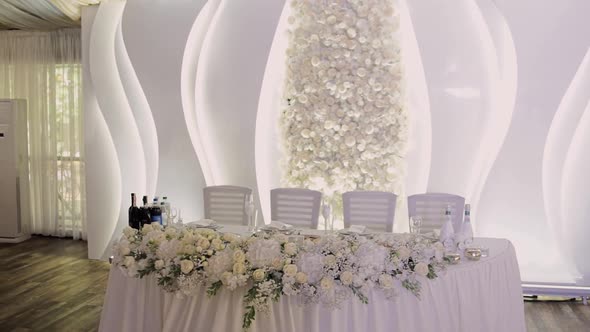 banquet hall in the restaurant with food and drink and decor