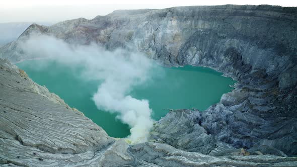 Drone Over Kawah Ijen Volcano Crater Lake alt