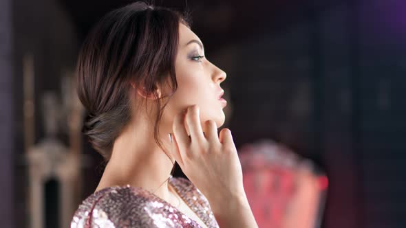 Side View Beautiful Young Hispanic Girl Enjoying Pure Skin Touching Face By Hands alt