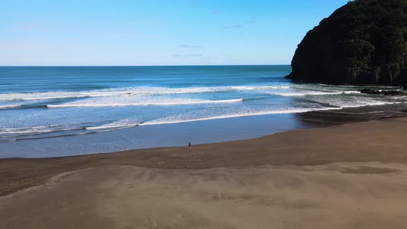 Cinematic pan of surfers walking along shoreline on Piha black sand beach in New Zealand's West coas alt