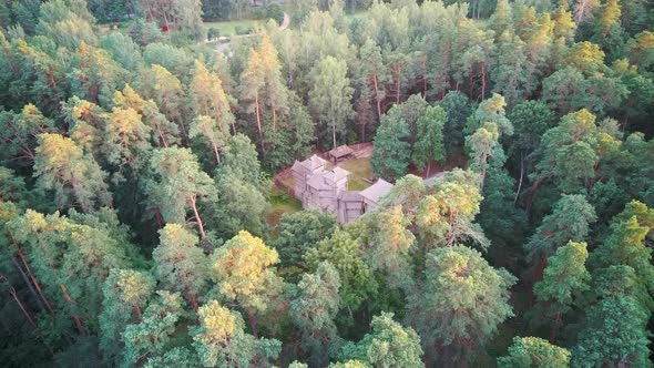 Reconstructed Wooden Castle of Semigallians in Tervete, Latvia Surrounded by Pine Forest. Aerial Dro alt
