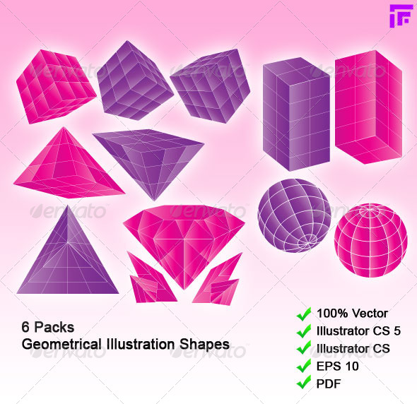 6 Packs 3D-like Geometrical Shapes - Objects Vectors
