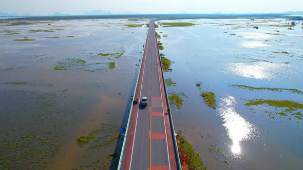 Drone video of the road leads through a large beautiful wetland. alt