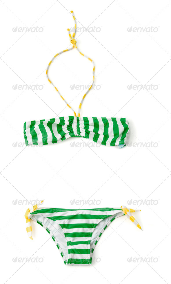 Yellow and green striped bandeau bikini - Stock Photo - Images