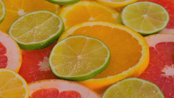 Orange Grapefruit Lemon and Lime Fruit Slices on Rotating Surface  Close Up