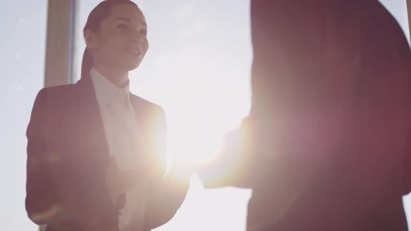 Slowmo of Happy Businesswoman Talking to Businessman alt
