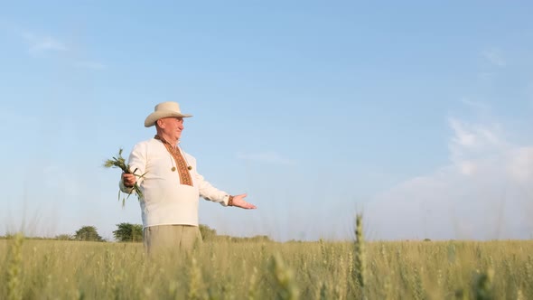 A Joyful and Happy Farmer in the Middle of a Wheat Field Against a Blue Sky alt