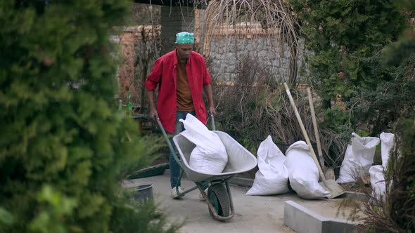 Wide Shot of African American Man Pushing Construction Trolley with Broken Wheel Outdoors in Garden alt