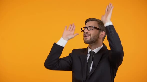 Self-Confident Business Man Dancing, Celebrating Promotion, Career Growth alt