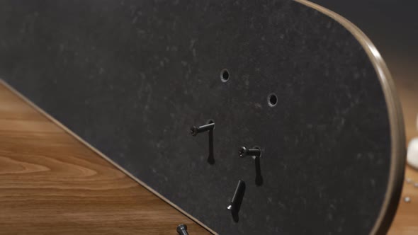 Skateboard assembly process. Elements of the board combining in order. Render 4k alt