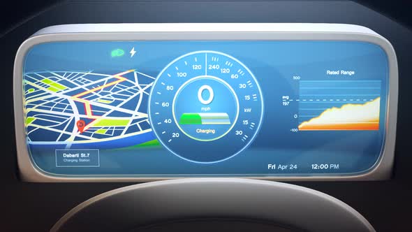 The interior of the electric car dashboard during charging on the station.