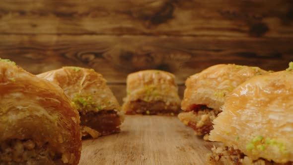 Eastern Sweets Baklava on Wooden Background Zoom in Video