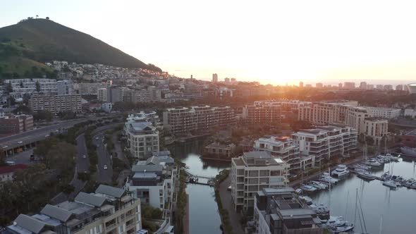 Aerial shot flying the marina district as the sun is about to set