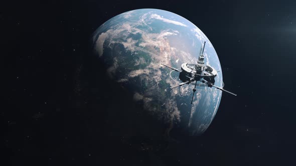 Approaching Earth and Futuristic Spinning Space Station in Orbit