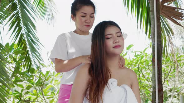 Relax woman getting neck massage spa, enjoying relaxing treatments alt