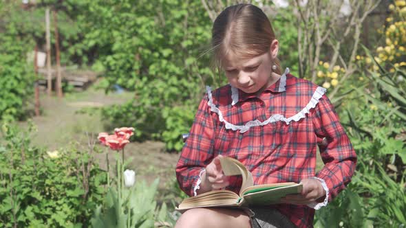 A Schoolage Girl Reads a Book in the Garden