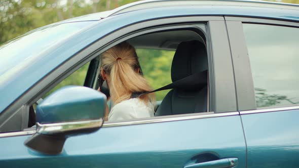 Problem On Road. Auto Failure Accident On Empty Road. Frustrated Woman Sitting On Damage Car. alt