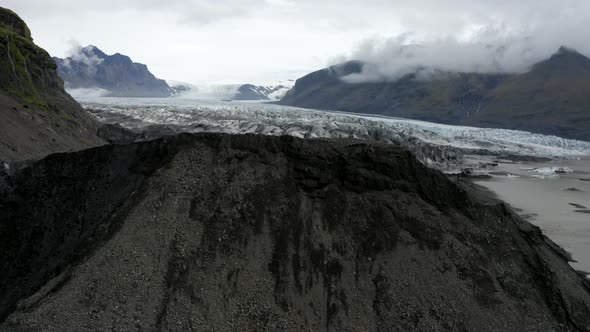 Revealed Glacier Ice In Skaftafell Mountains In Southern Iceland. Aerial Drone alt