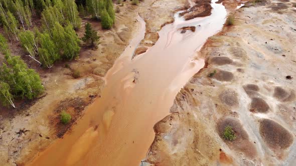 Lifeless Orange Toxic River Near Green Trees
