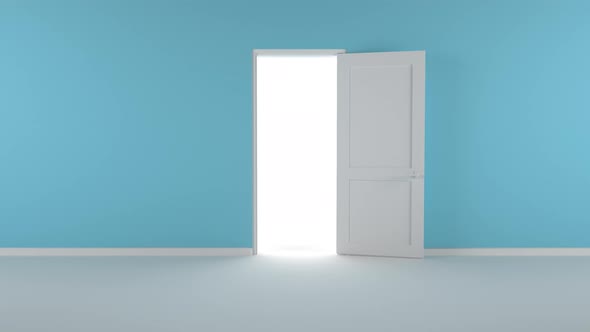 The door opens and a bright light floods the blue room