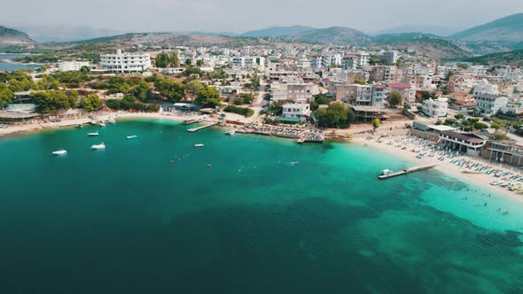 Aerial View Exotic Beach with Turquoise Water in Albania Ksamil Islands