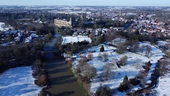 Aerial Warwick Town Churches,  Castle And River Avon In Snow