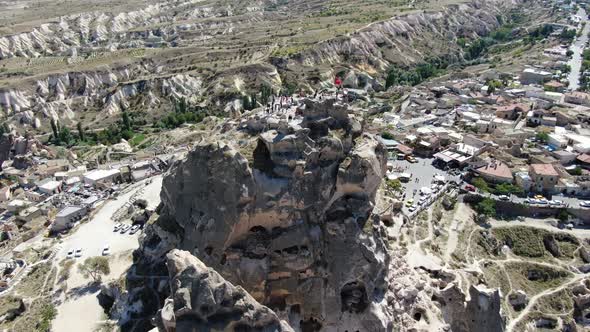 Aerial view of Pigeon Valley and Uchisar village and castle at Cappadocia, Turkey alt