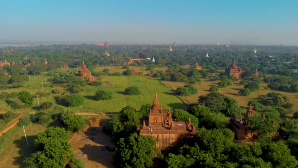 Bagan Myanmar Hot Air Balloon During Sunrise Above Temples and Pagodas of Bagan Myanmar Sunrise alt