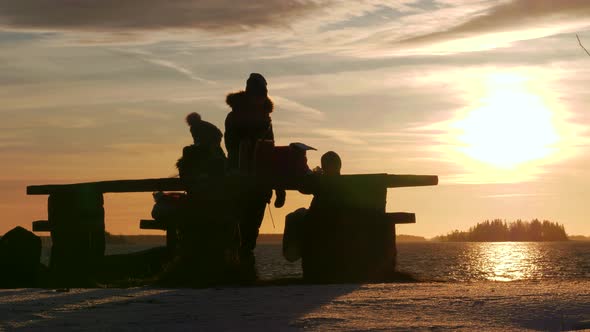 Silhouettes of mother and kids having picnic on the shore at golden winter sunset alt