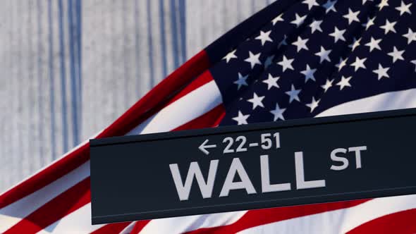 Wall Street Road Sign of the Background of the American Flag and of the NYSE