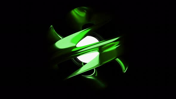 Glowing abstract large metal spiral rotating around a white static sphere alt
