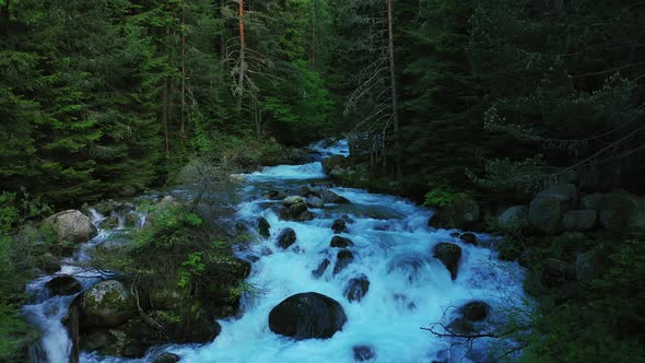 Drone Low Flighting Over Powerful Mountain River With Waterfalls In Coniferous Forest On Twilight