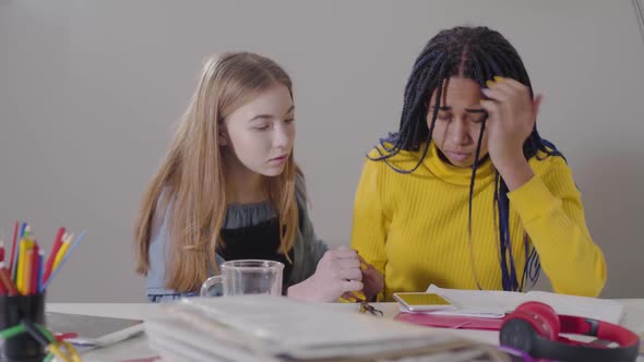 Portrait of Cute Caucasian Girl Calming Down and Hugging African American Friend alt