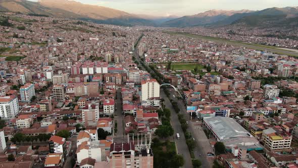 4k daytime panoramic aerial drone footage over Avenida de la Cultura boulevard in Cusco, Peru during alt