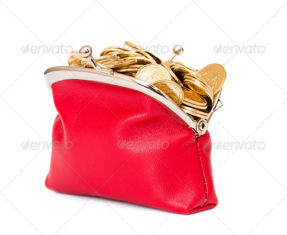 Red purse full of gold coins on a white - Stock Photo - Images
