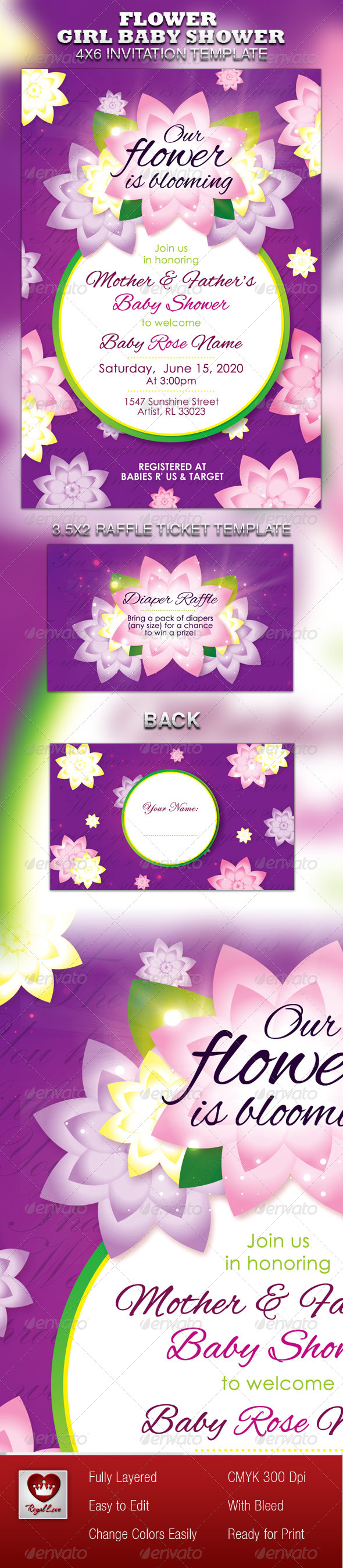 Flower Girl Baby Shower Invitation & Raffle Ticket - Invitations Cards & Invites