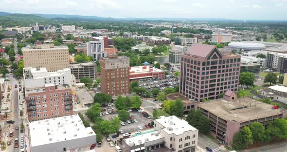 Huntsville, Alabama skyline with drone video close up and moving up. alt