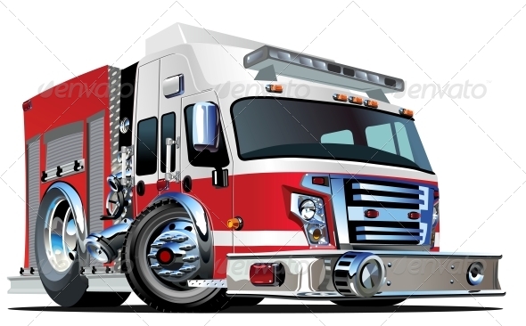 Vector Cartoon Fire Truck - Man-made Objects Objects