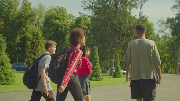 Rear View of Happy Diverse Multiethnic Students Walking After Lesson at Campus alt