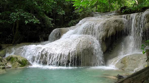 Erawan waterfall level one in National Park, Kanchanaburi, Thailand - Slow motion