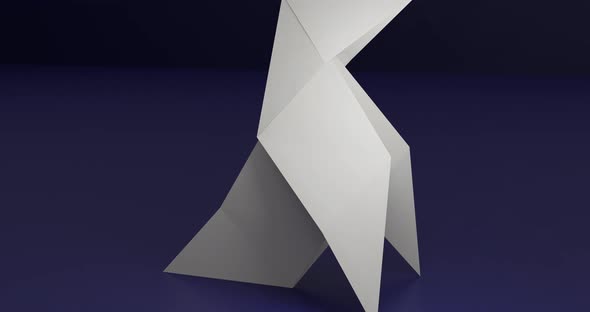 White classic origami little bird on dark blue background with copy space. 3D render animation alt