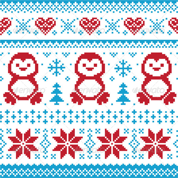 Winter Knitted Pattern with Penguins - Christmas Seasons/Holidays