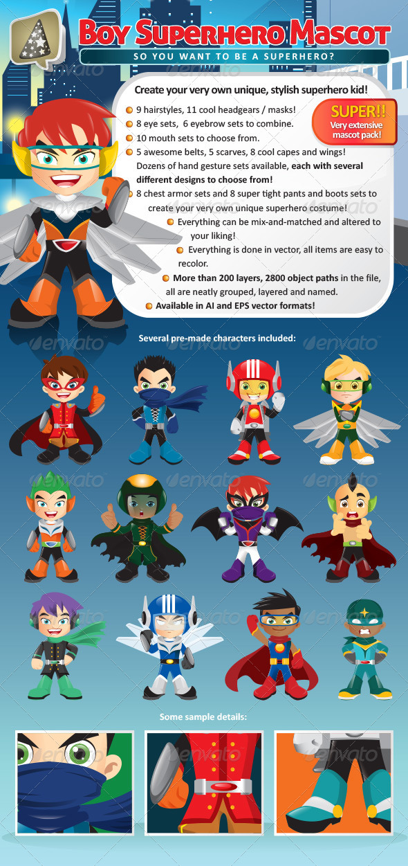 Manga Boy Superhero Mascot Creation Pack - Characters Vectors