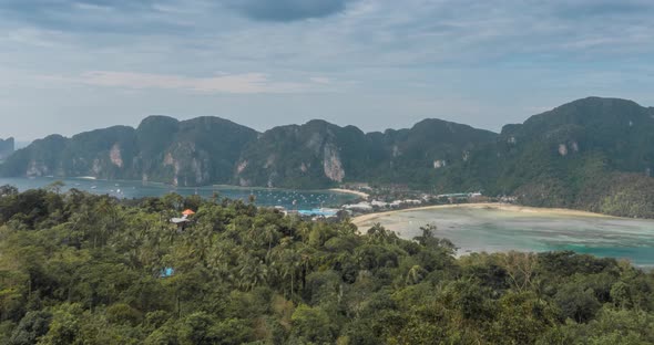 Time Lapse of Day Clouds Over the Wonderful Bay of Phi Phi Island Landscape with Boats alt
