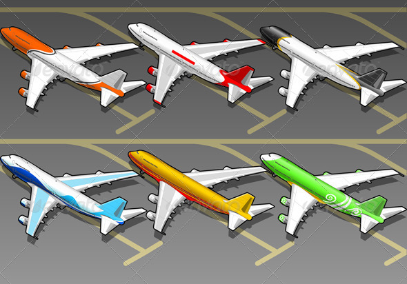 Isometric Airplanes in Six Livery in Rear View - Objects Vectors